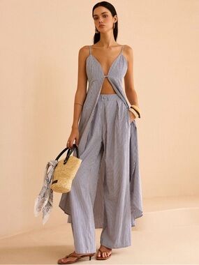 Commense Light Blue Striped Wide-Leg Pants with Matching Top
